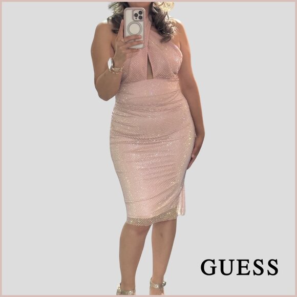 GUESS Pink Rhinestone Halter Midi Dress | Size M - Picture 7 of 8